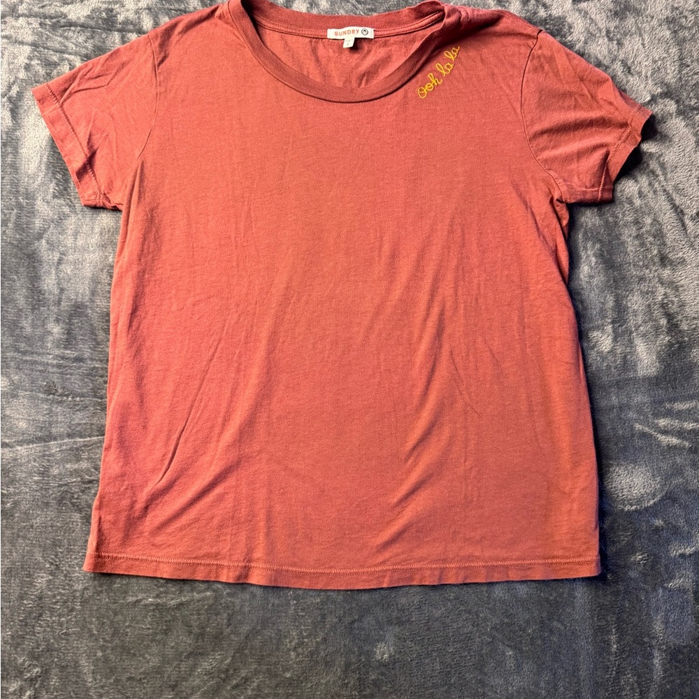 Sundry Ooh La La Embroidered Rust Short Sleeve Crew Neck T-Shirt Size 0